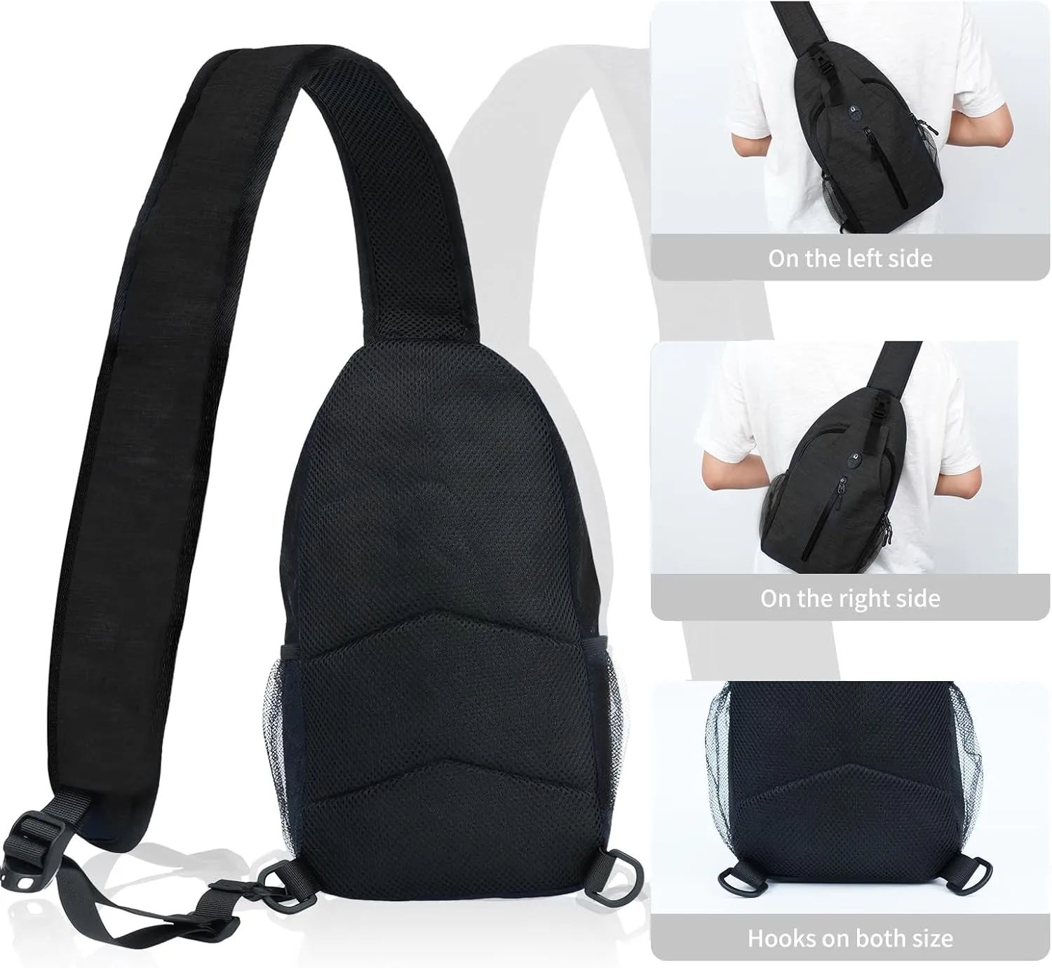 Monoki Sling-Bag Crossbody-Bag Women-Men Backpack-Daypack - Hiking Chest Travel with Water Bottle Pocket Adjustable Strap Multiple Layers Black