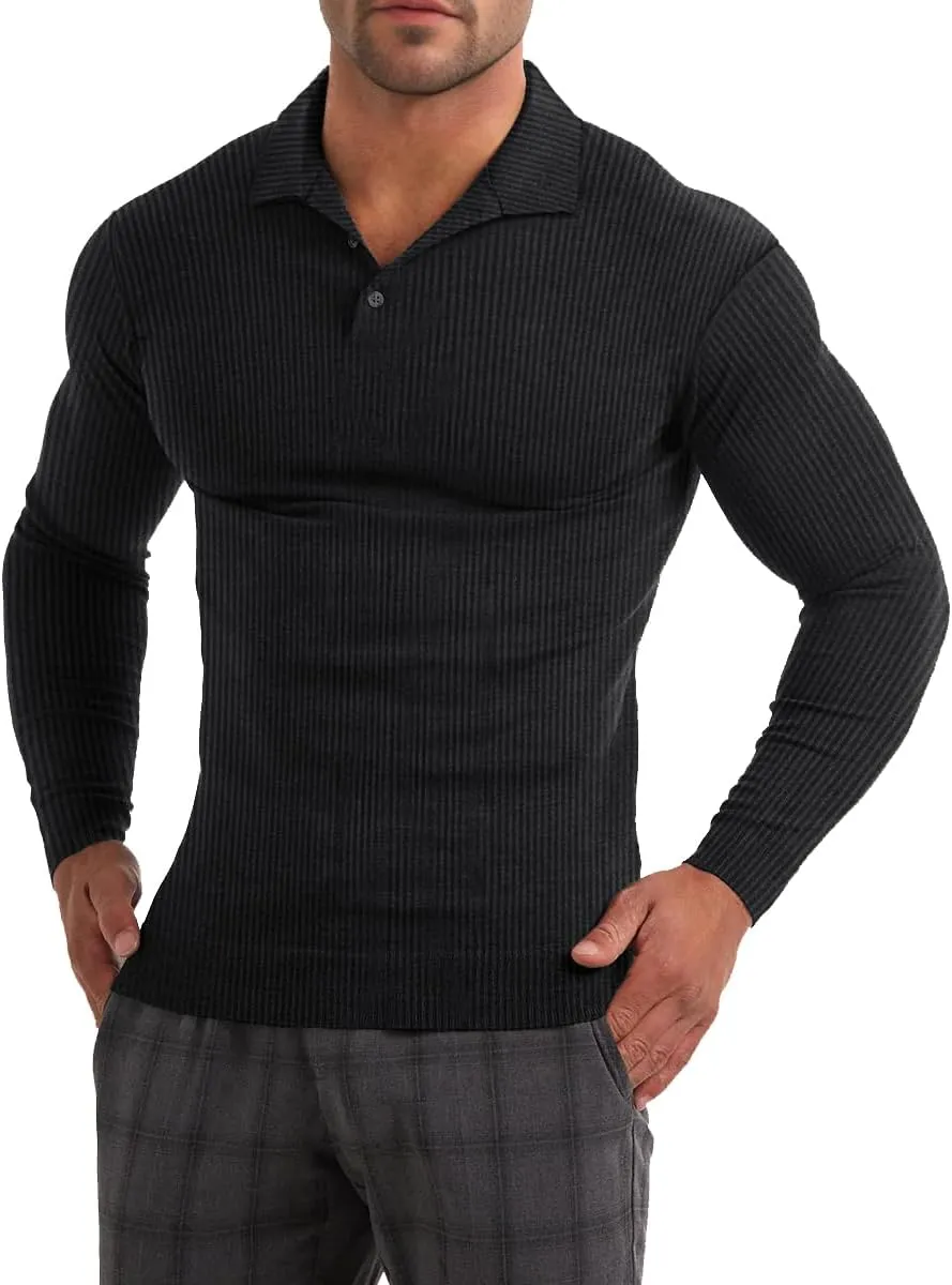 Muscle Cmdr Men's Slim Fit Muscle Polo Shirts Long&Short Sleeve Stretch Quick Dry Tee Casual Golf Athletic T-Shirts