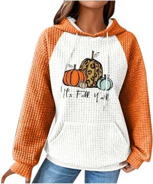 Mzkdieey It's Fall Y'all Leopard Pumpkin Sweatshirt Women Thanksgiving Hoodies Waffle Knit Color Block Long Sleeve Pullover