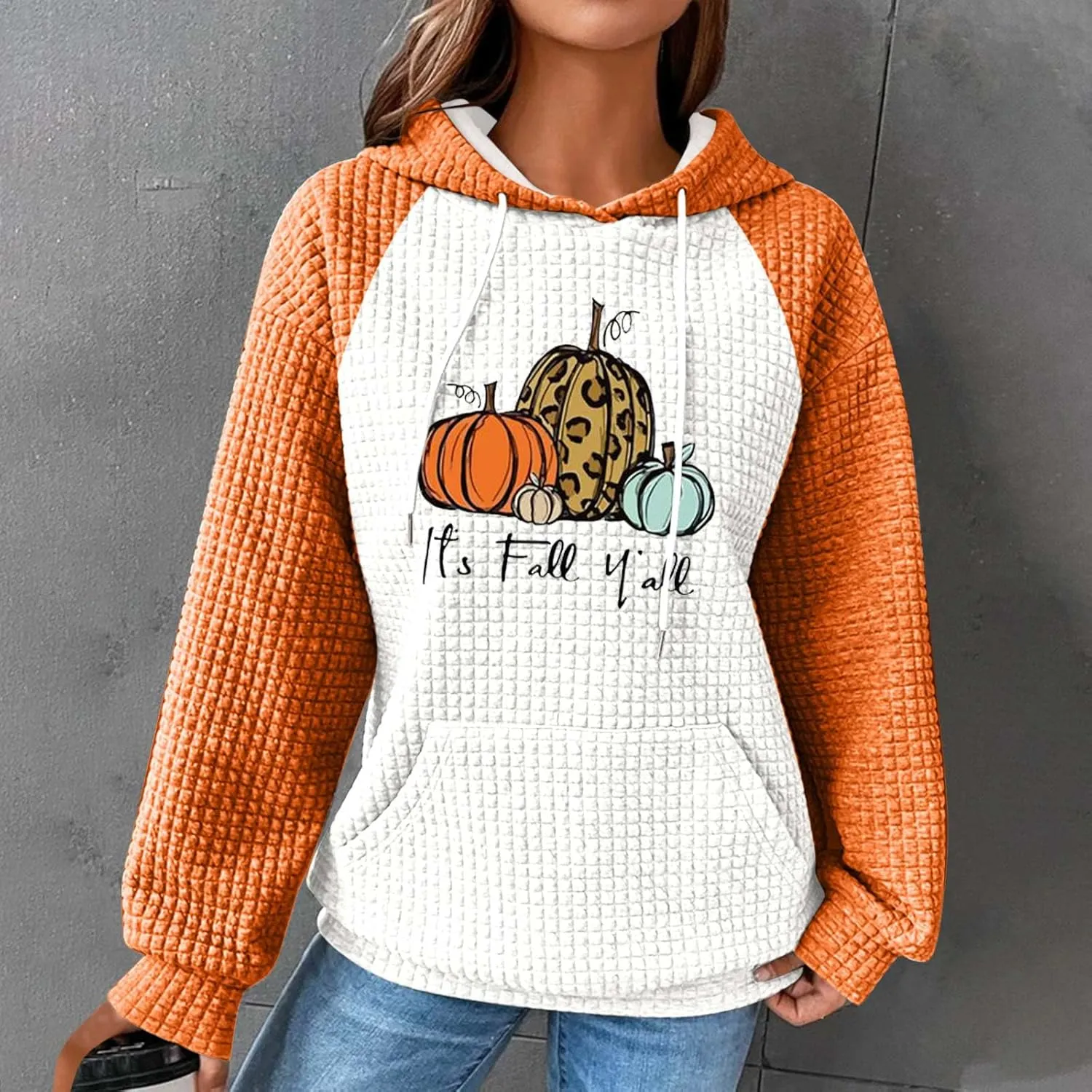 Mzkdieey It's Fall Y'all Leopard Pumpkin Sweatshirt Women Thanksgiving Hoodies Waffle Knit Color Block Long Sleeve Pullover