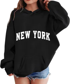 New York Girls Oversized Sweatshirt Drop Shoulder Letter Print Sweatshirt Loose Hooded Sweatshirt Top With Pockets