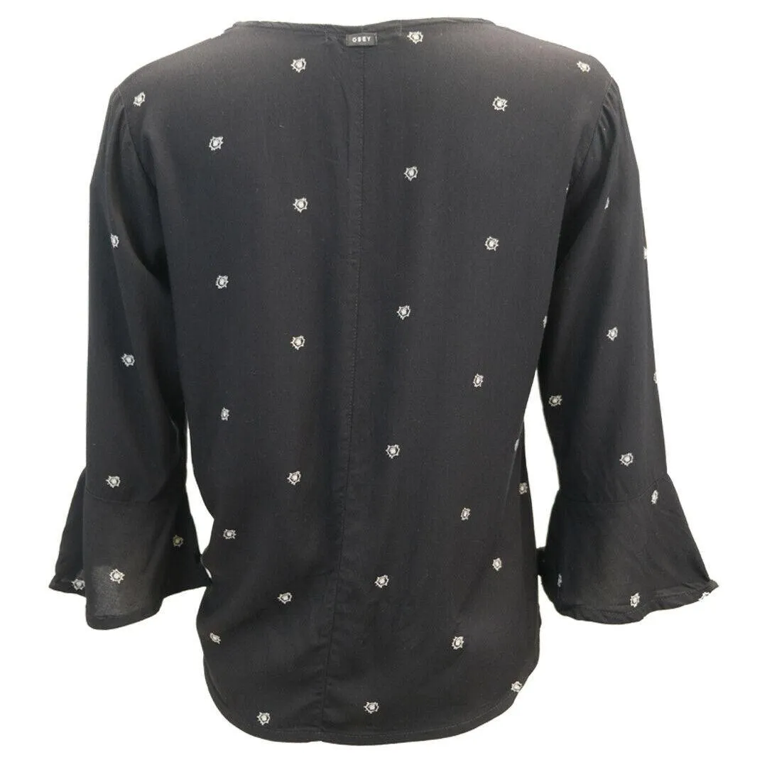 OBEY Women's Black Bullet Holes Cropped V-Neck L/S Shirt (S05)
