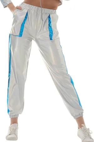ODASDO Women Shiny Metallic Jogger Pants Wet Look Stretchy Holographic Trousers Casual High Waist Sweatpant Disco Rave Pants