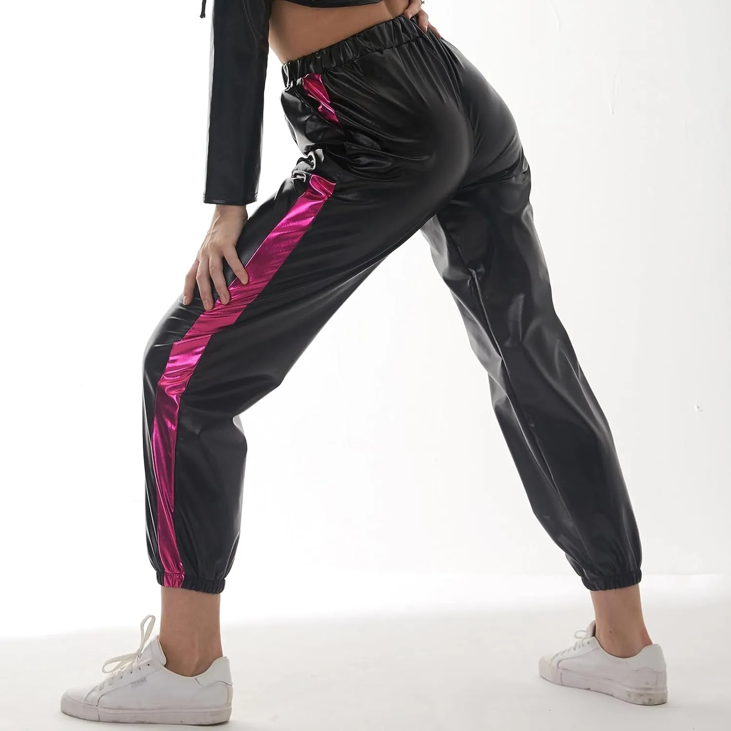 ODASDO Women Shiny Metallic Jogger Pants Wet Look Stretchy Holographic Trousers Casual High Waist Sweatpant Disco Rave Pants