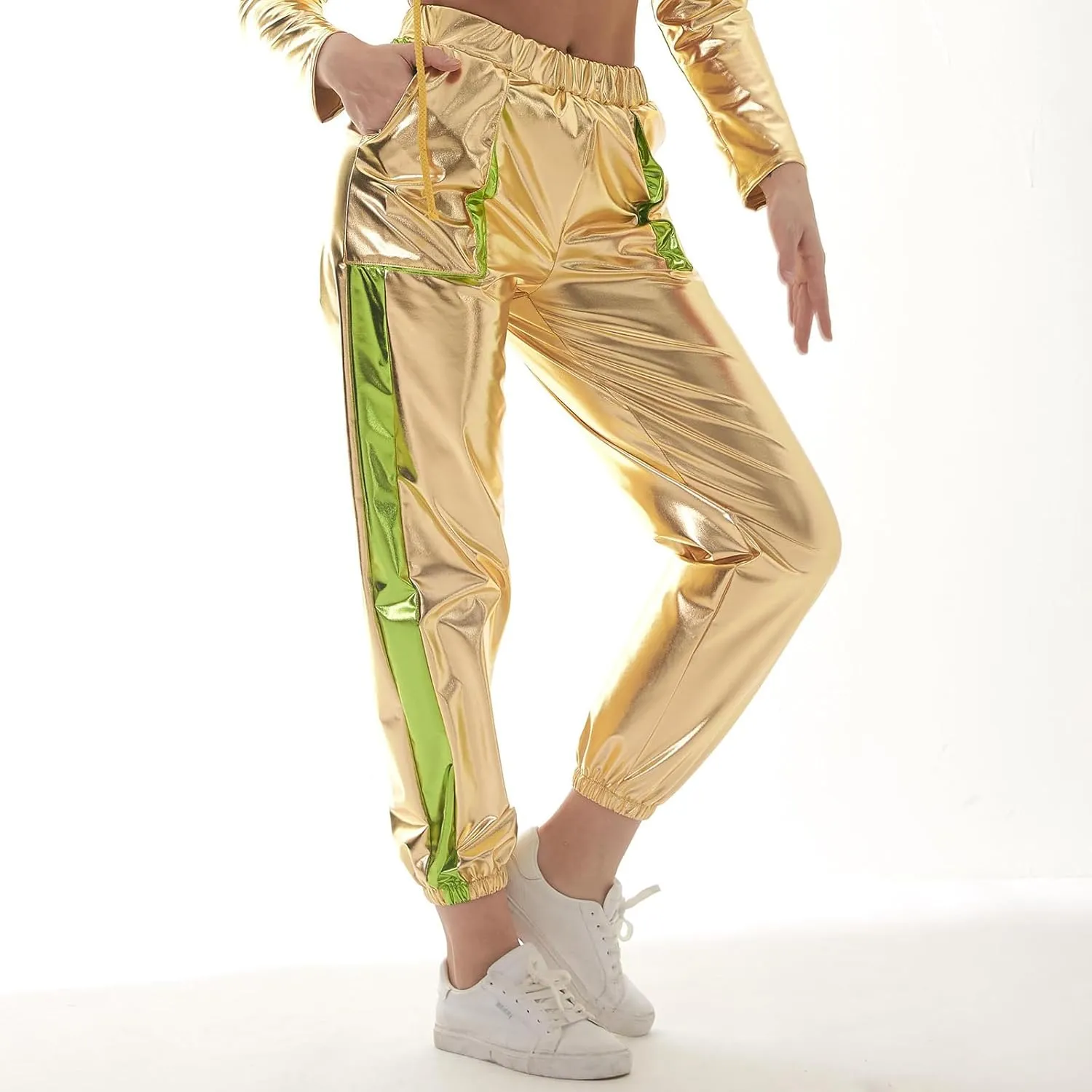 ODASDO Women Shiny Metallic Jogger Pants Wet Look Stretchy Holographic Trousers Casual High Waist Sweatpant Disco Rave Pants