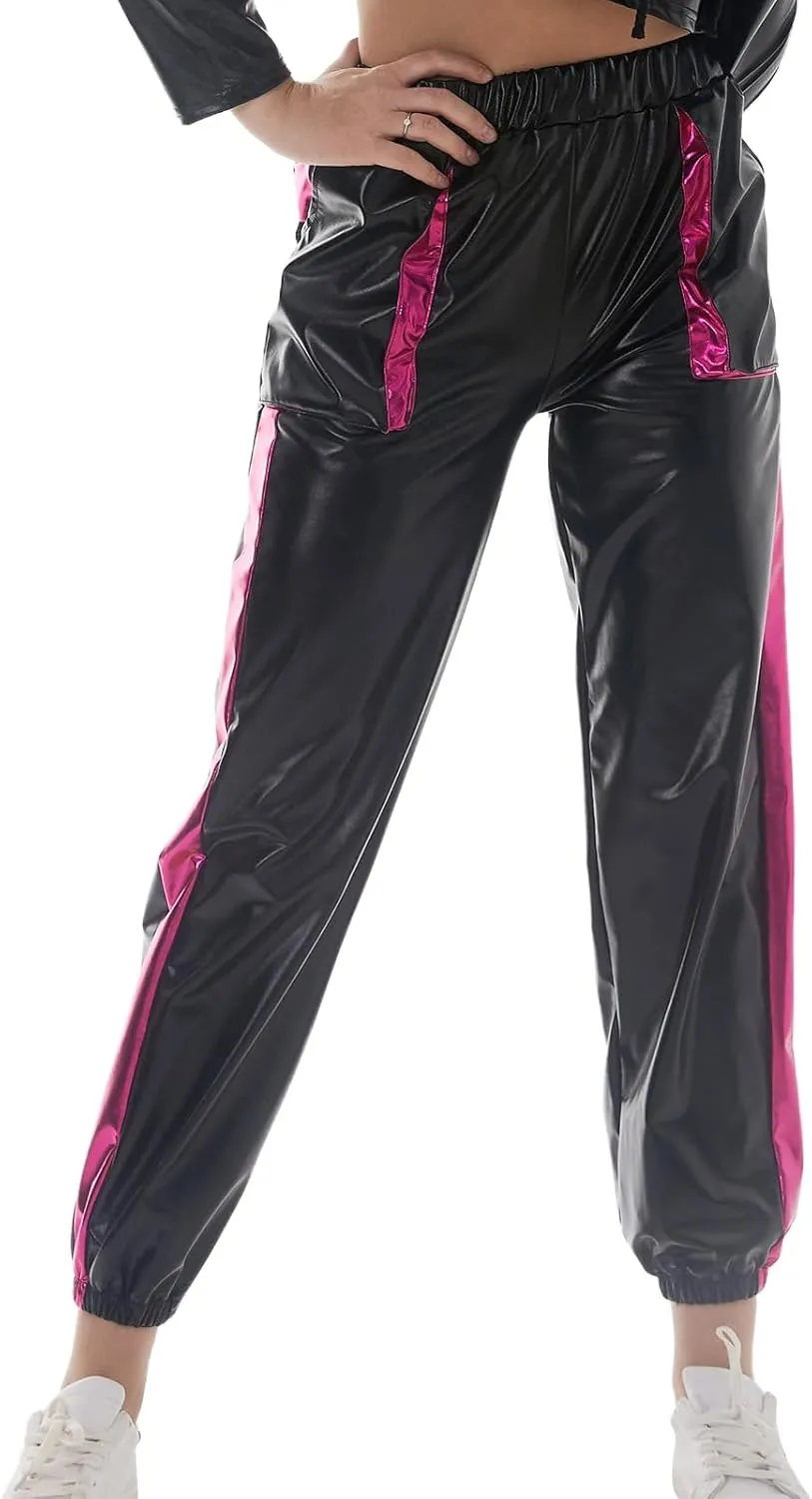 ODASDO Women Shiny Metallic Jogger Pants Wet Look Stretchy Holographic Trousers Casual High Waist Sweatpant Disco Rave Pants