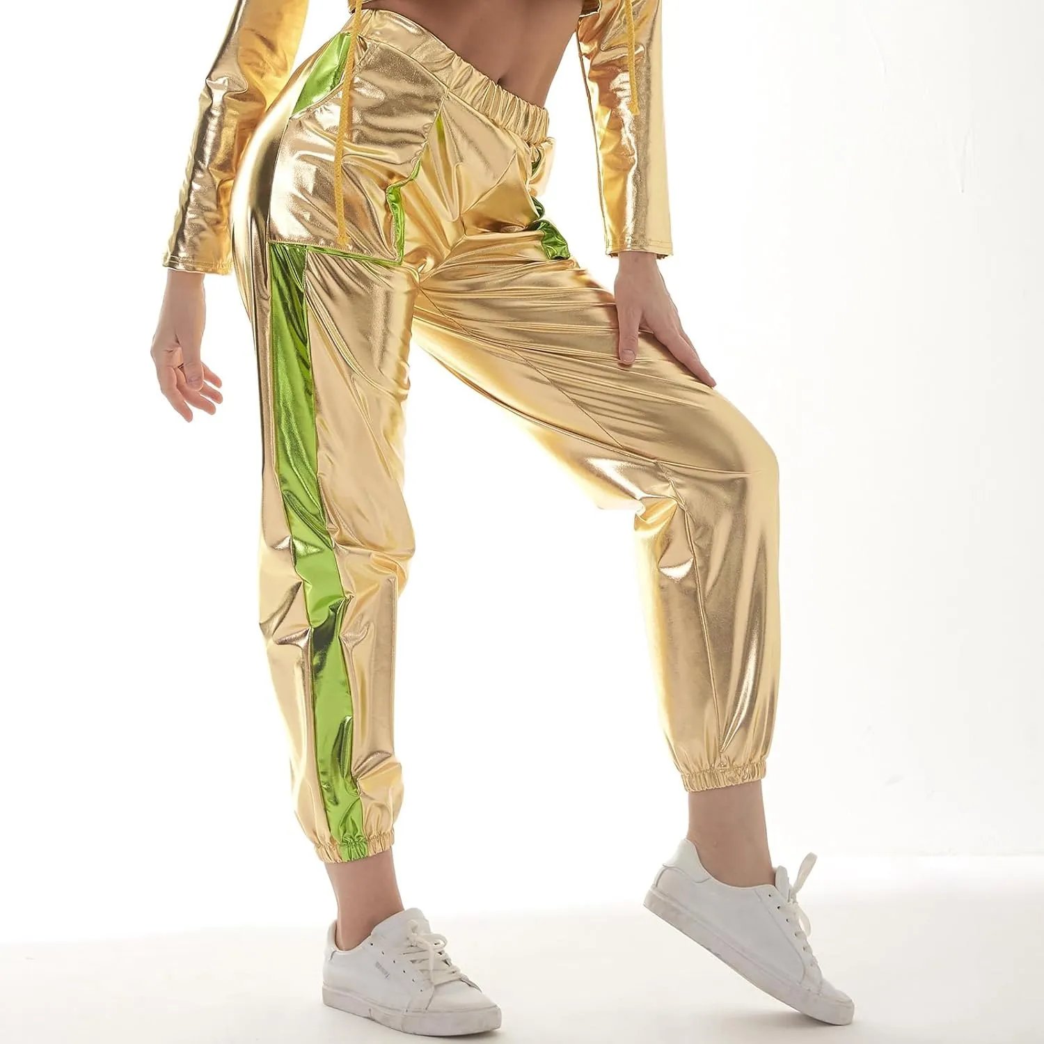 ODASDO Women Shiny Metallic Jogger Pants Wet Look Stretchy Holographic Trousers Casual High Waist Sweatpant Disco Rave Pants