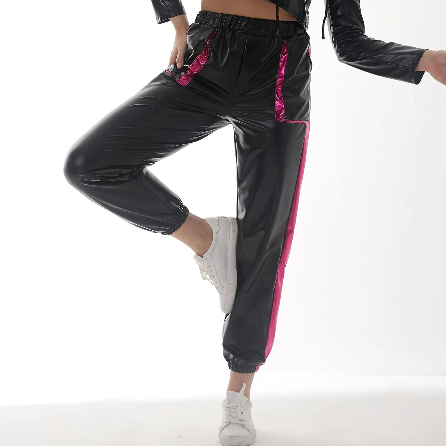ODASDO Women Shiny Metallic Jogger Pants Wet Look Stretchy Holographic Trousers Casual High Waist Sweatpant Disco Rave Pants