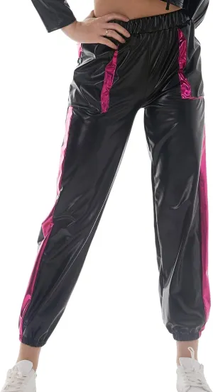 ODASDO Women Shiny Metallic Jogger Pants Wet Look Stretchy Holographic Trousers Casual High Waist Sweatpant Disco Rave Pants