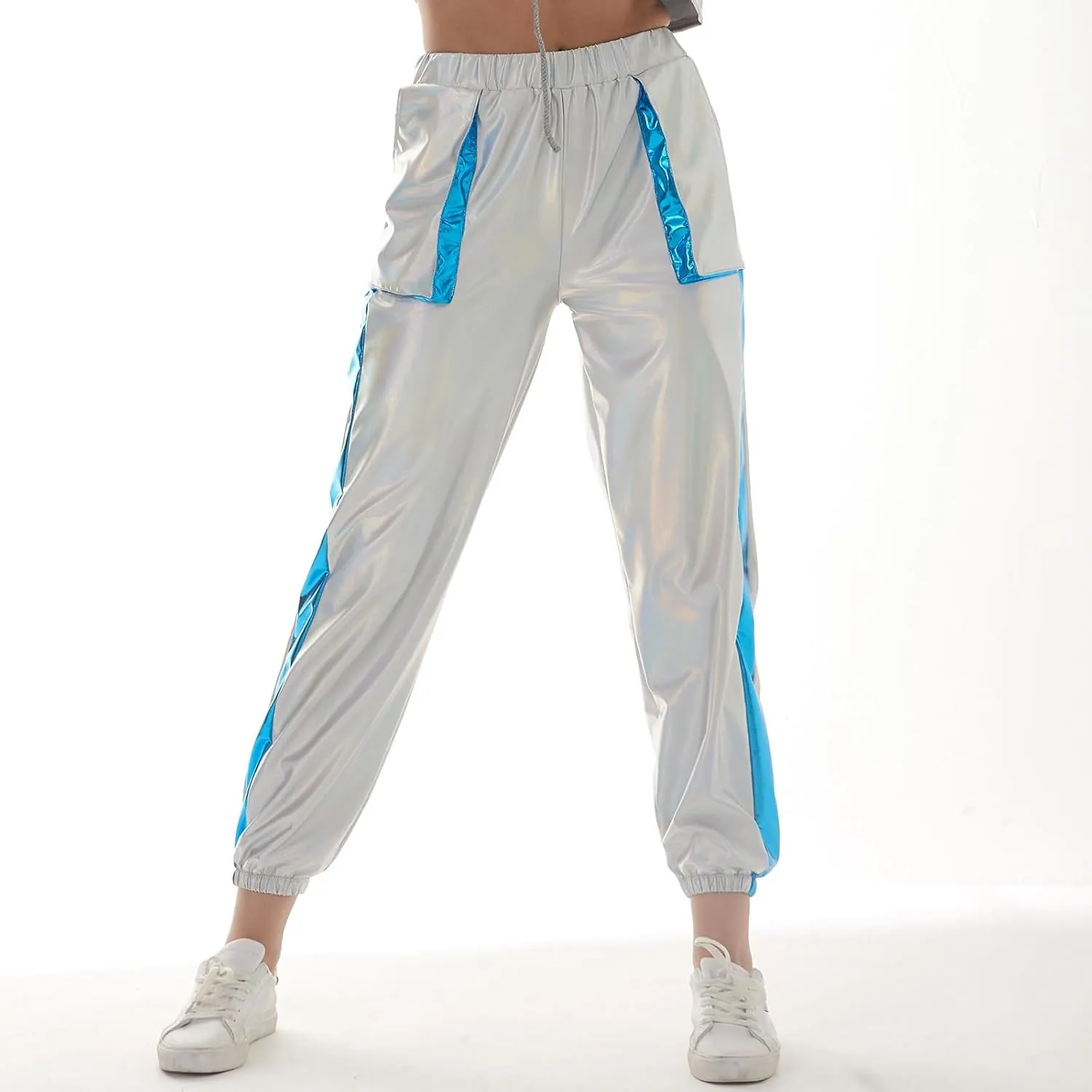ODASDO Women Shiny Metallic Jogger Pants Wet Look Stretchy Holographic Trousers Casual High Waist Sweatpant Disco Rave Pants