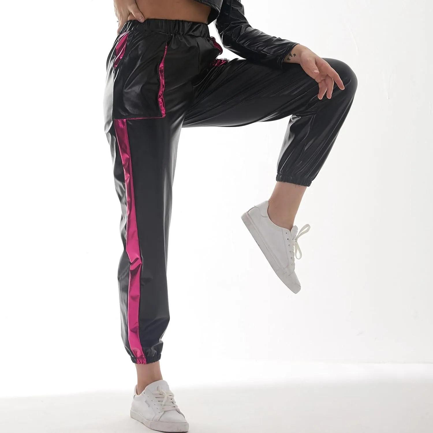 ODASDO Women Shiny Metallic Jogger Pants Wet Look Stretchy Holographic Trousers Casual High Waist Sweatpant Disco Rave Pants