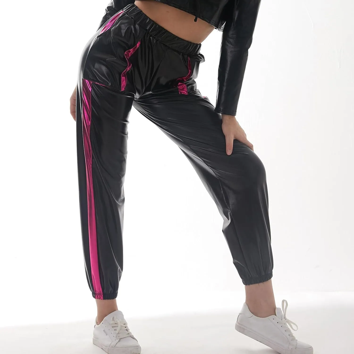 ODASDO Women Shiny Metallic Jogger Pants Wet Look Stretchy Holographic Trousers Casual High Waist Sweatpant Disco Rave Pants