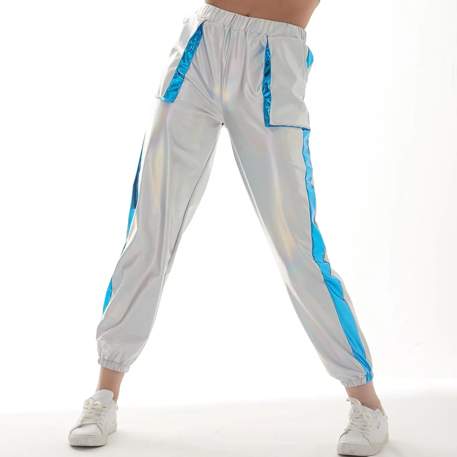 ODASDO Women Shiny Metallic Jogger Pants Wet Look Stretchy Holographic Trousers Casual High Waist Sweatpant Disco Rave Pants