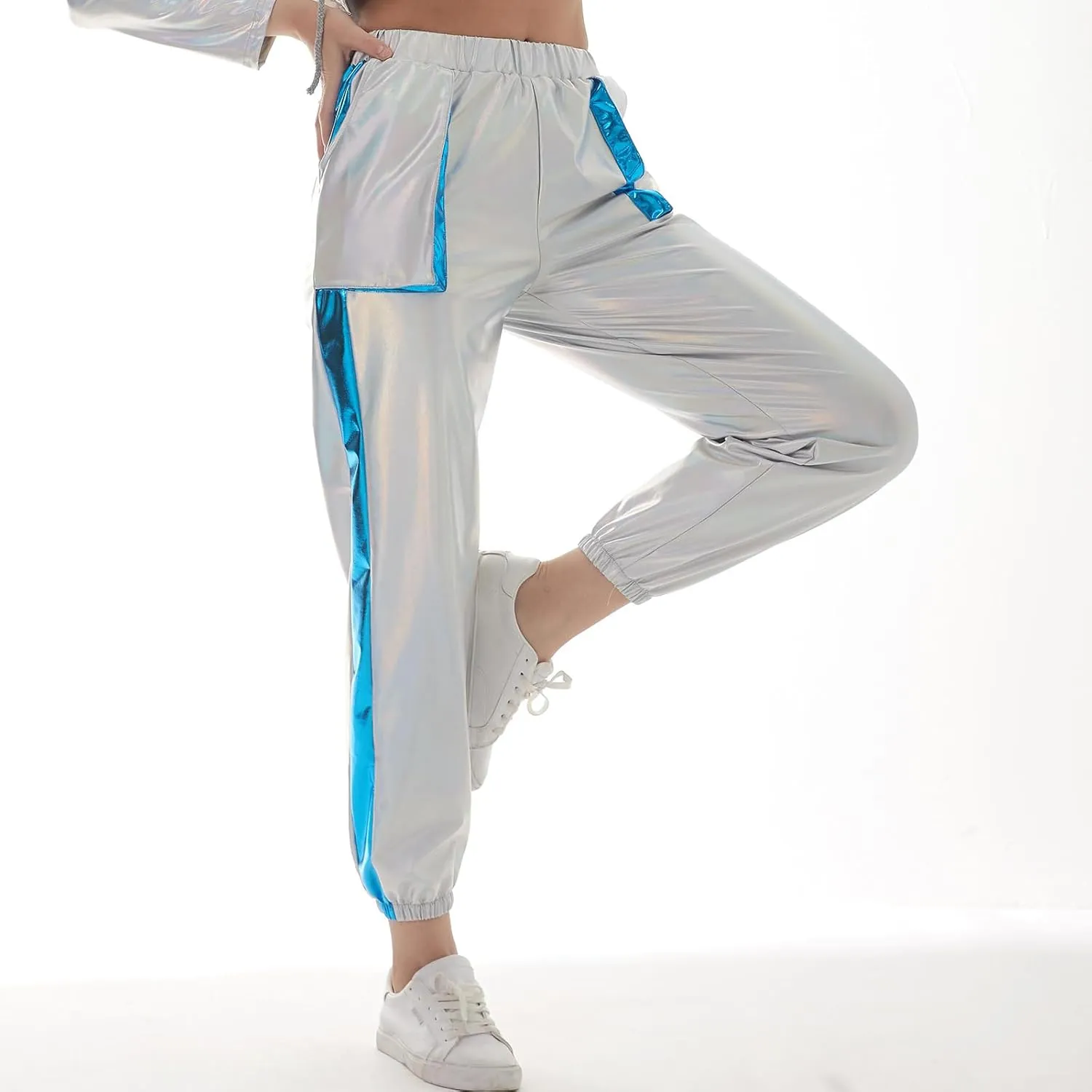 ODASDO Women Shiny Metallic Jogger Pants Wet Look Stretchy Holographic Trousers Casual High Waist Sweatpant Disco Rave Pants