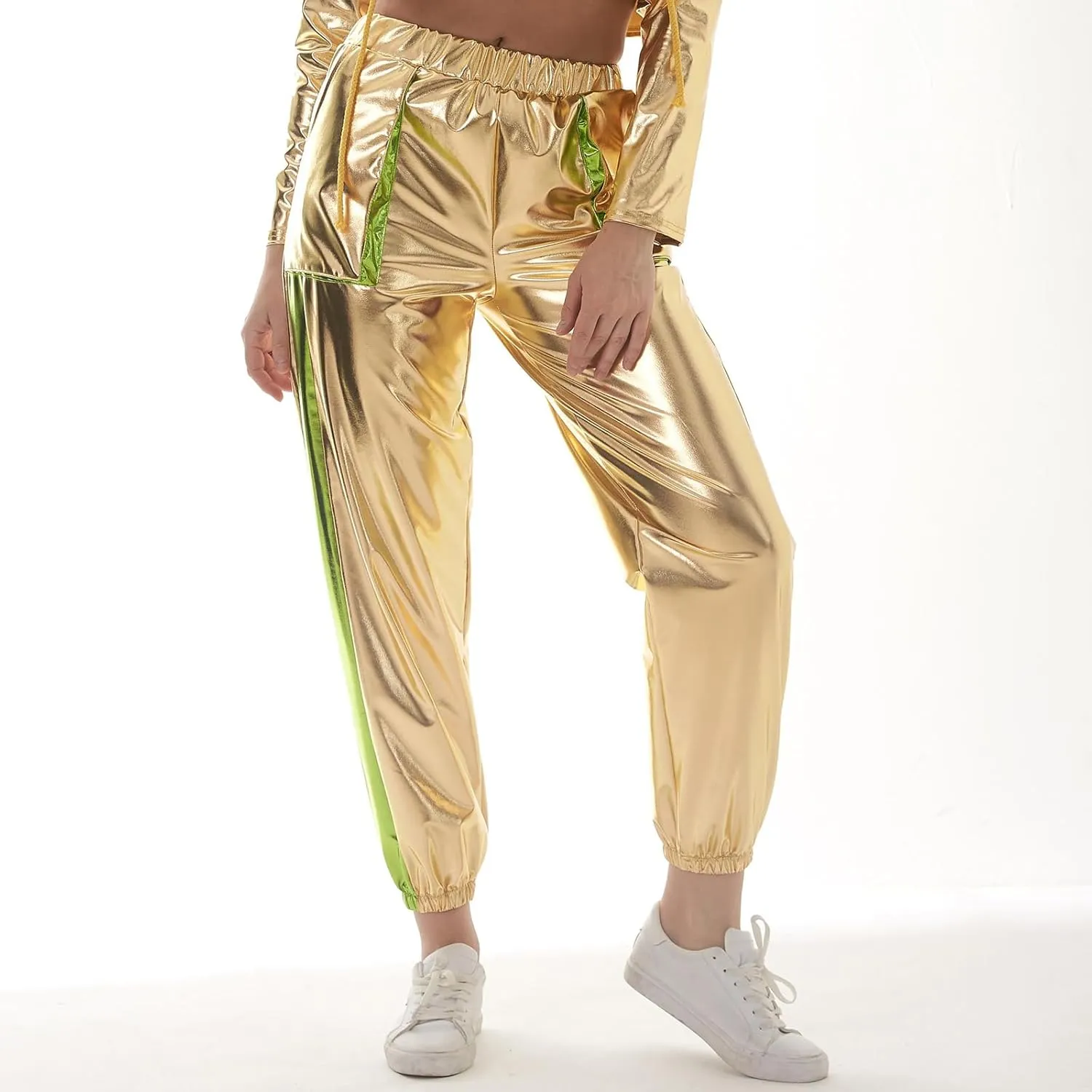 ODASDO Women Shiny Metallic Jogger Pants Wet Look Stretchy Holographic Trousers Casual High Waist Sweatpant Disco Rave Pants