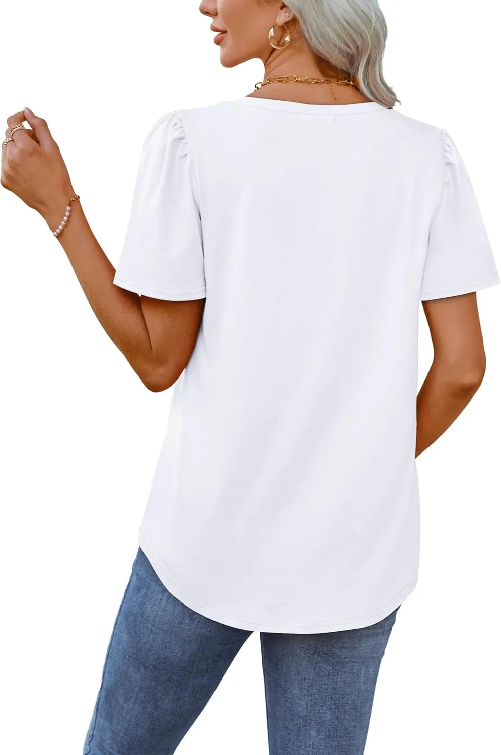 OFEEFAN T Shirts for Women V Neck Dressy Casual Blouses Puff Short Sleeve Summer Tops Loose Fit