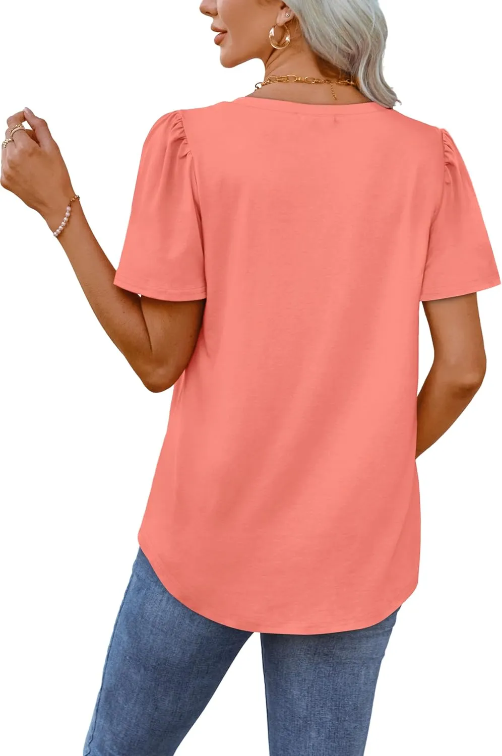 OFEEFAN T Shirts for Women V Neck Dressy Casual Blouses Puff Short Sleeve Summer Tops Loose Fit