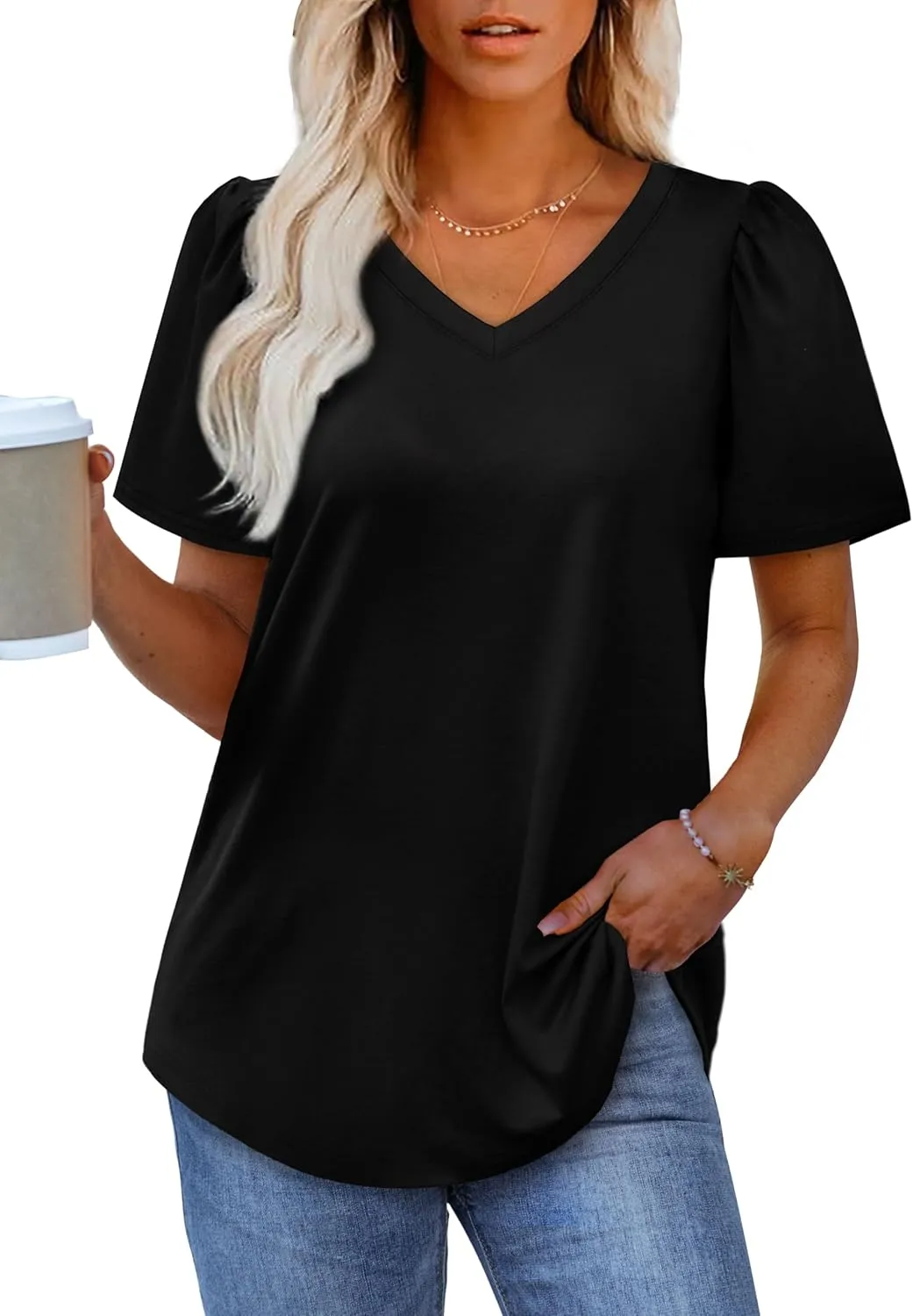 OFEEFAN T Shirts for Women V Neck Dressy Casual Blouses Puff Short Sleeve Summer Tops Loose Fit