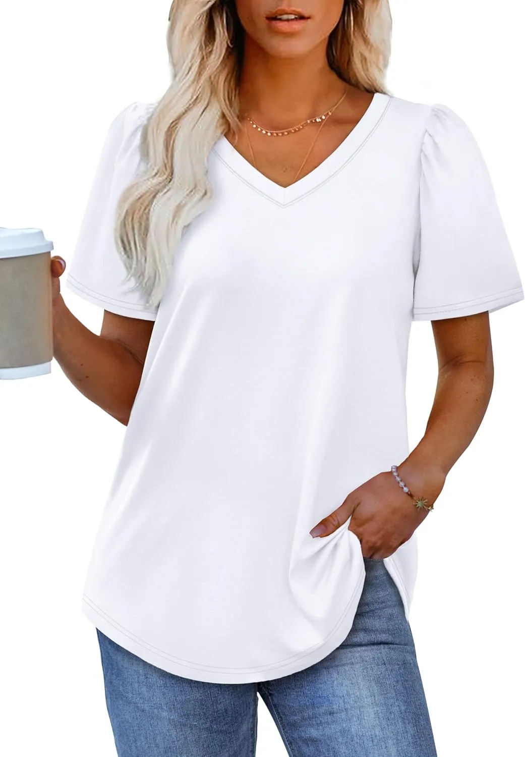 OFEEFAN T Shirts for Women V Neck Dressy Casual Blouses Puff Short Sleeve Summer Tops Loose Fit