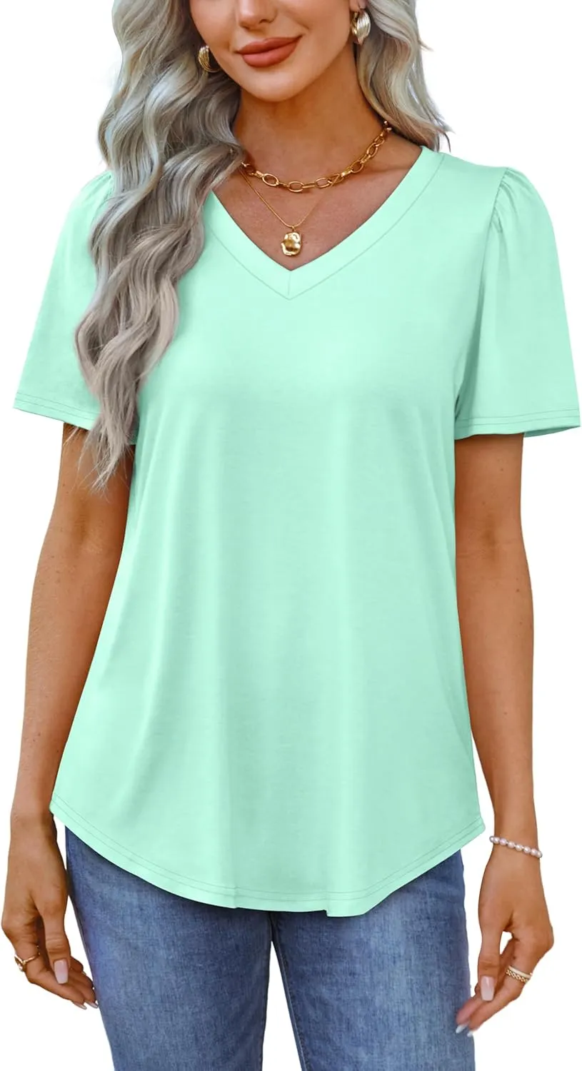 OFEEFAN T Shirts for Women V Neck Dressy Casual Blouses Puff Short Sleeve Summer Tops Loose Fit