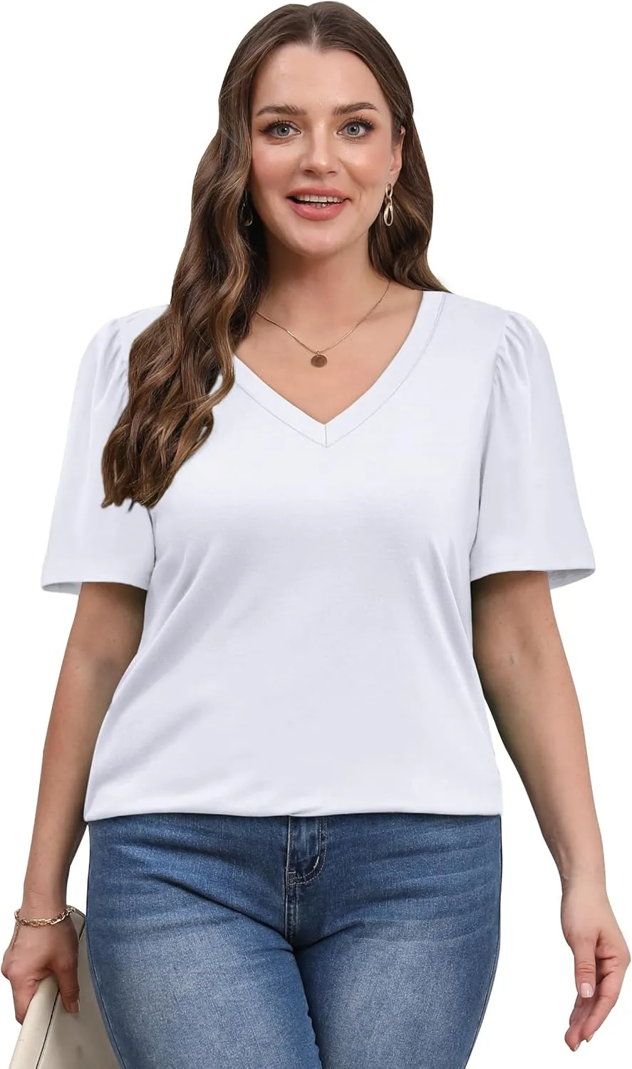 OFEEFAN T Shirts for Women V Neck Dressy Casual Blouses Puff Short Sleeve Summer Tops Loose Fit