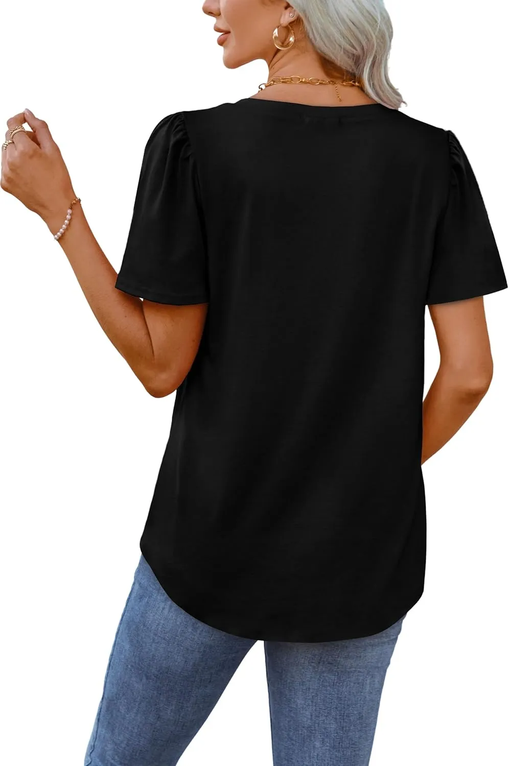 OFEEFAN T Shirts for Women V Neck Dressy Casual Blouses Puff Short Sleeve Summer Tops Loose Fit
