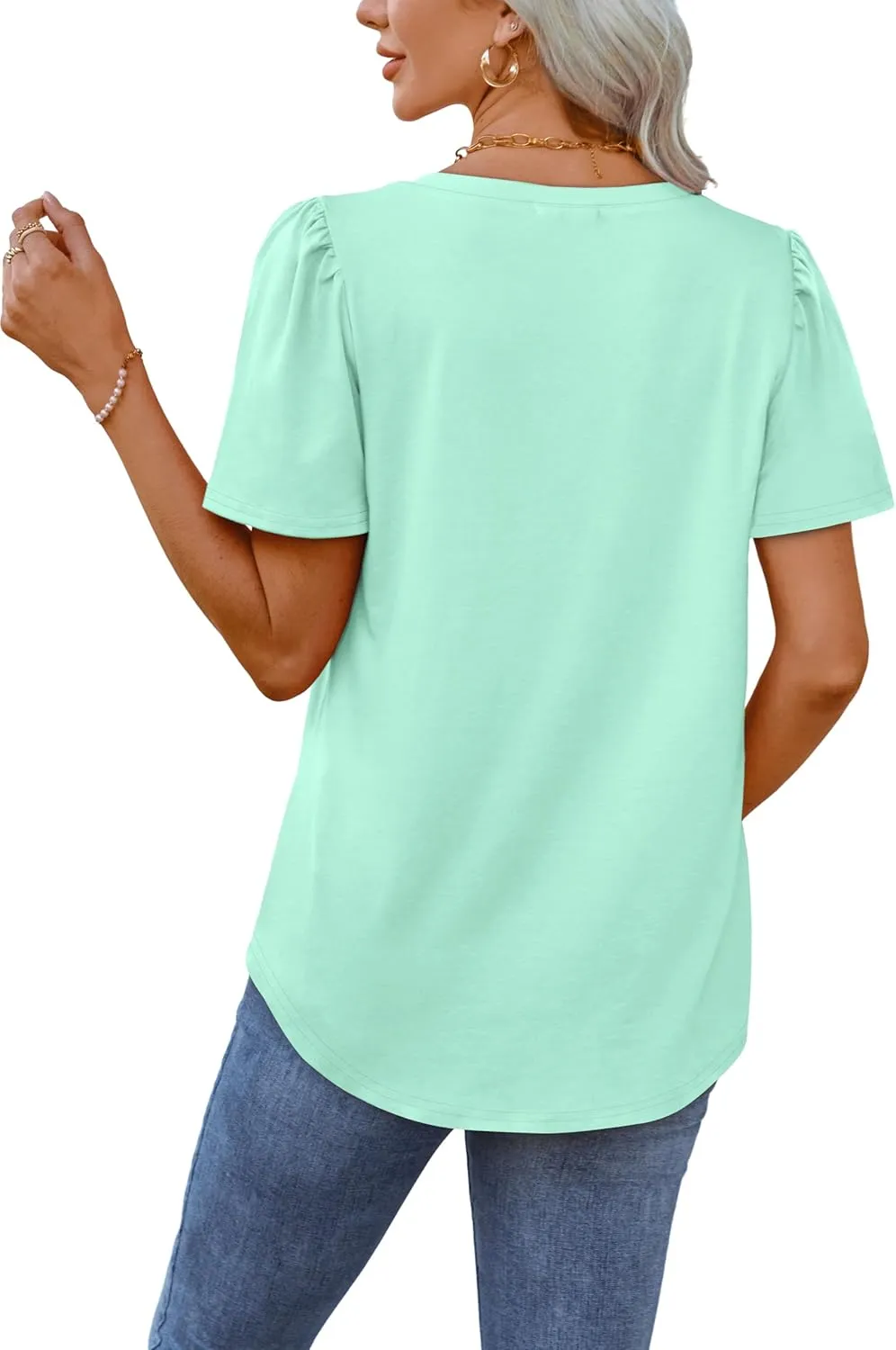 OFEEFAN T Shirts for Women V Neck Dressy Casual Blouses Puff Short Sleeve Summer Tops Loose Fit