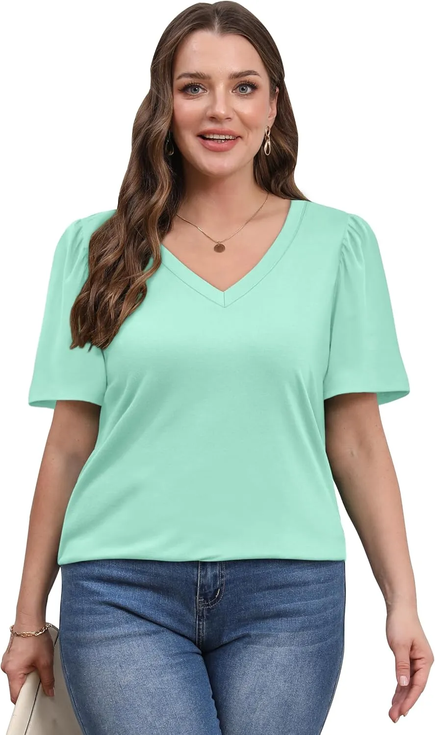 OFEEFAN T Shirts for Women V Neck Dressy Casual Blouses Puff Short Sleeve Summer Tops Loose Fit