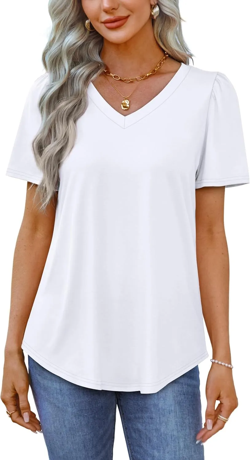 OFEEFAN T Shirts for Women V Neck Dressy Casual Blouses Puff Short Sleeve Summer Tops Loose Fit
