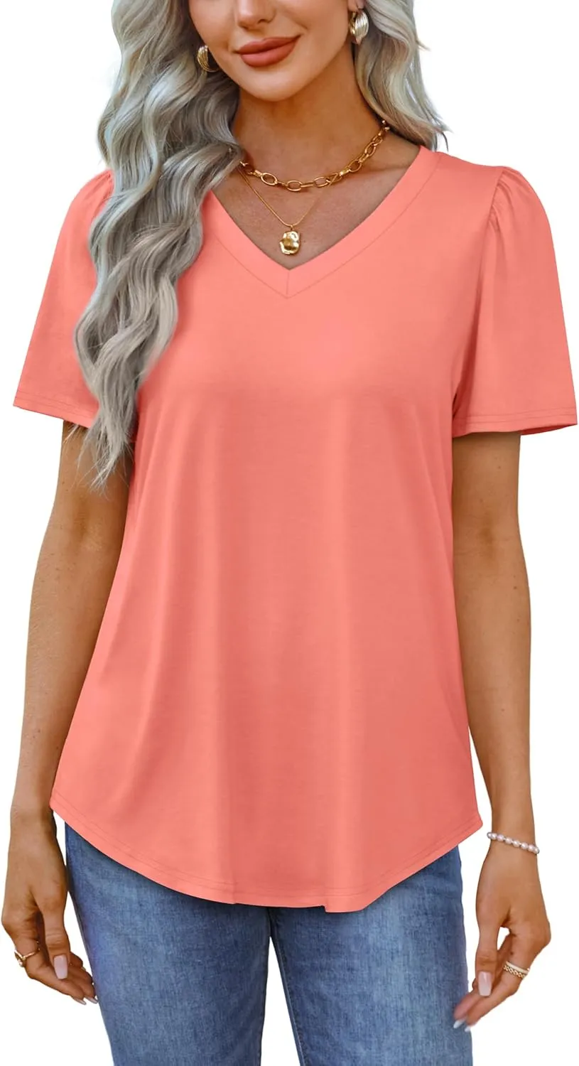 OFEEFAN T Shirts for Women V Neck Dressy Casual Blouses Puff Short Sleeve Summer Tops Loose Fit