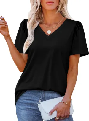OFEEFAN T Shirts for Women V Neck Dressy Casual Blouses Puff Short Sleeve Summer Tops Loose Fit