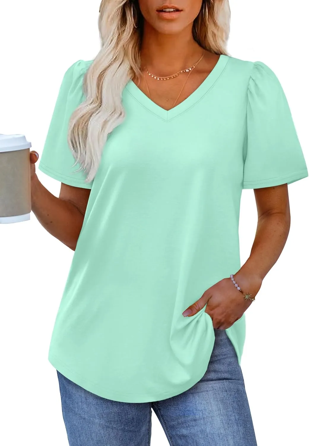 OFEEFAN T Shirts for Women V Neck Dressy Casual Blouses Puff Short Sleeve Summer Tops Loose Fit