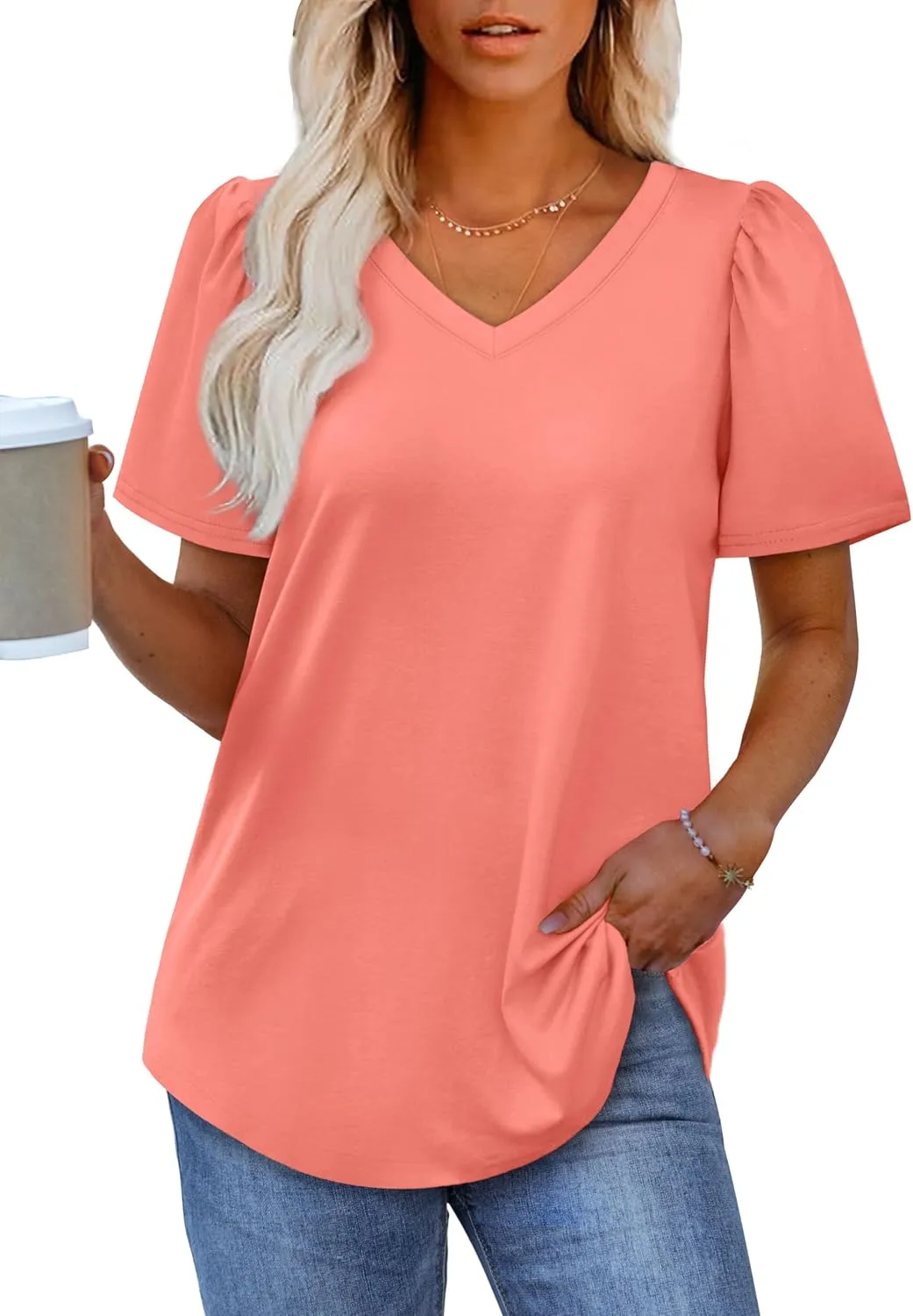 OFEEFAN T Shirts for Women V Neck Dressy Casual Blouses Puff Short Sleeve Summer Tops Loose Fit