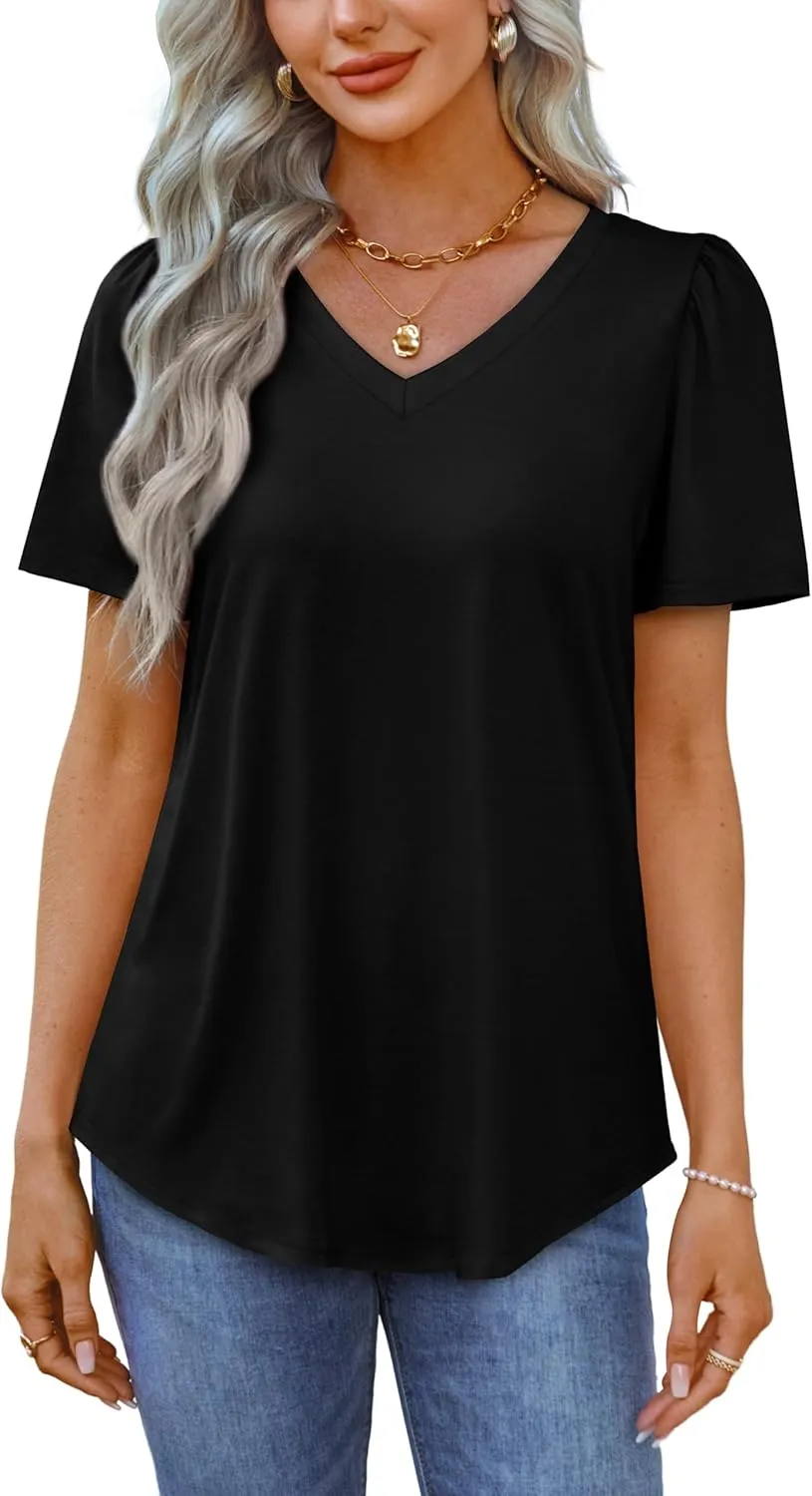 OFEEFAN T Shirts for Women V Neck Dressy Casual Blouses Puff Short Sleeve Summer Tops Loose Fit