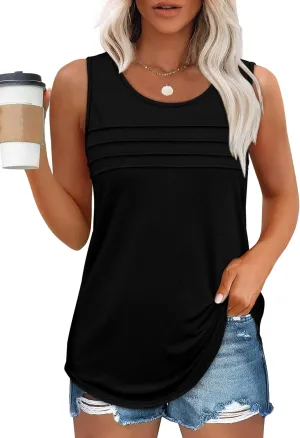 OFEEFAN Tank Top for Women Summer Outfits Sleeveless Blouses Dressy Casual Loose Fit Shirts Scooped Neck Pleated Front