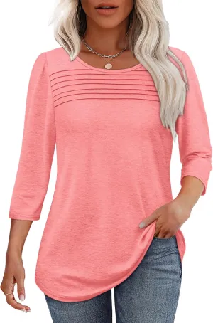 OFEEFAN Womens Tops 3/4 Length Sleeve Blouses Dressy Casual Spring Summer Outfits Pleated Front T Shirts Curved Hem