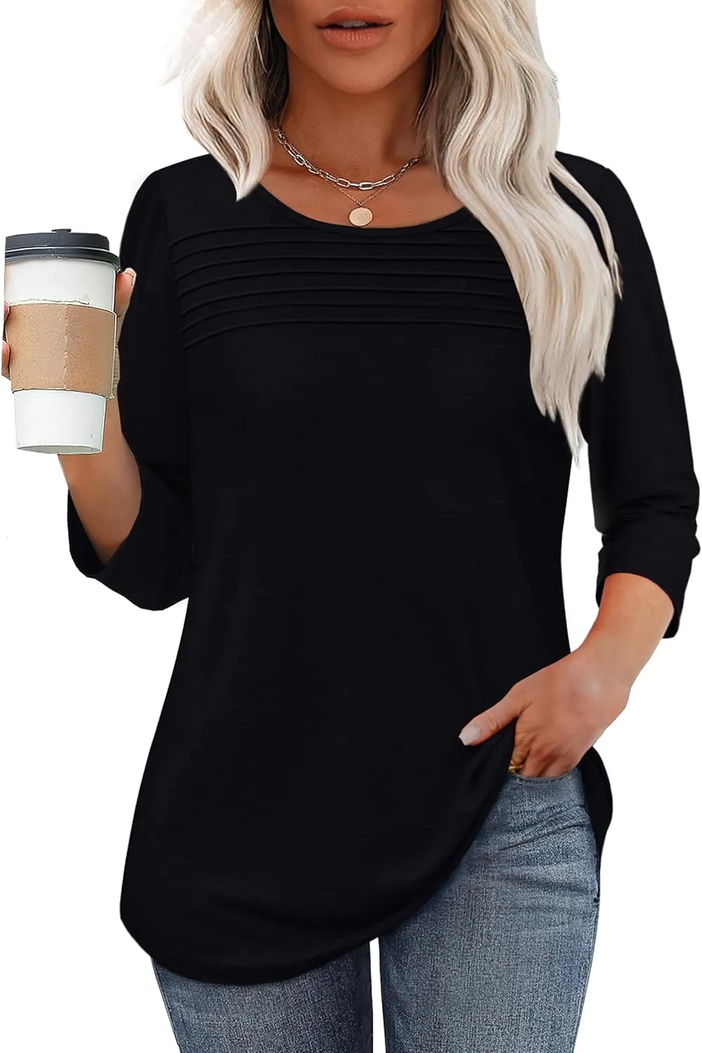 OFEEFAN Womens Tops 3/4 Length Sleeve Blouses Dressy Casual Spring Summer Outfits Pleated Front T Shirts Curved Hem