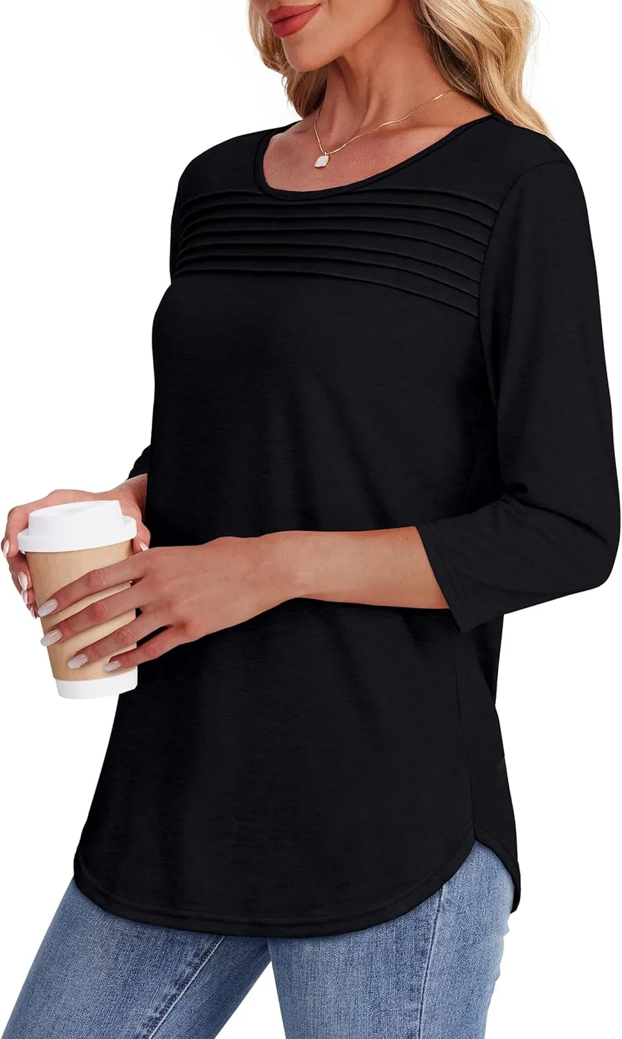 OFEEFAN Womens Tops 3/4 Length Sleeve Blouses Dressy Casual Spring Summer Outfits Pleated Front T Shirts Curved Hem