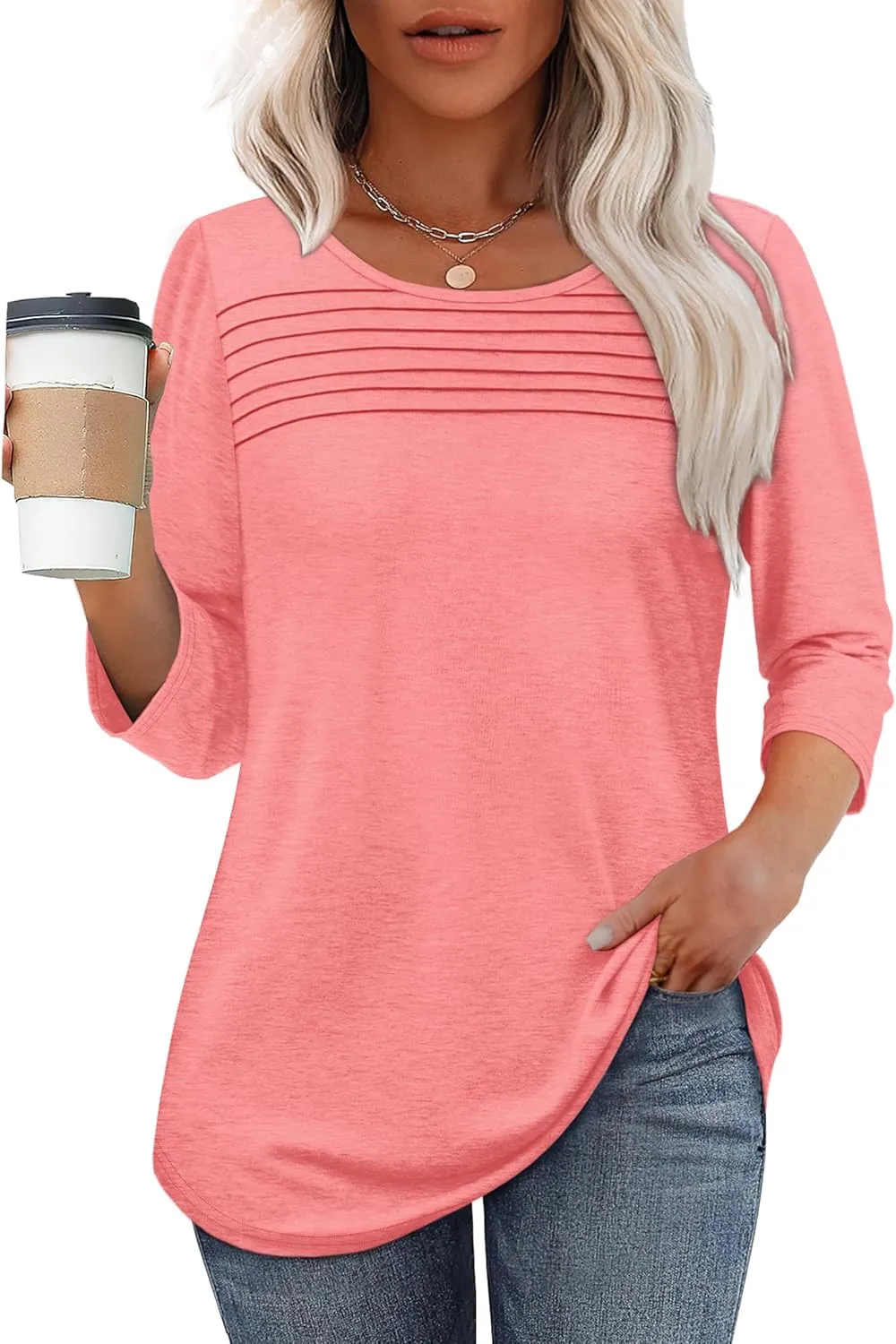 OFEEFAN Womens Tops 3/4 Length Sleeve Blouses Dressy Casual Spring Summer Outfits Pleated Front T Shirts Curved Hem