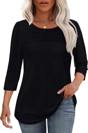 OFEEFAN Womens Tops 3/4 Length Sleeve Blouses Dressy Casual Spring Summer Outfits Pleated Front T Shirts Curved Hem
