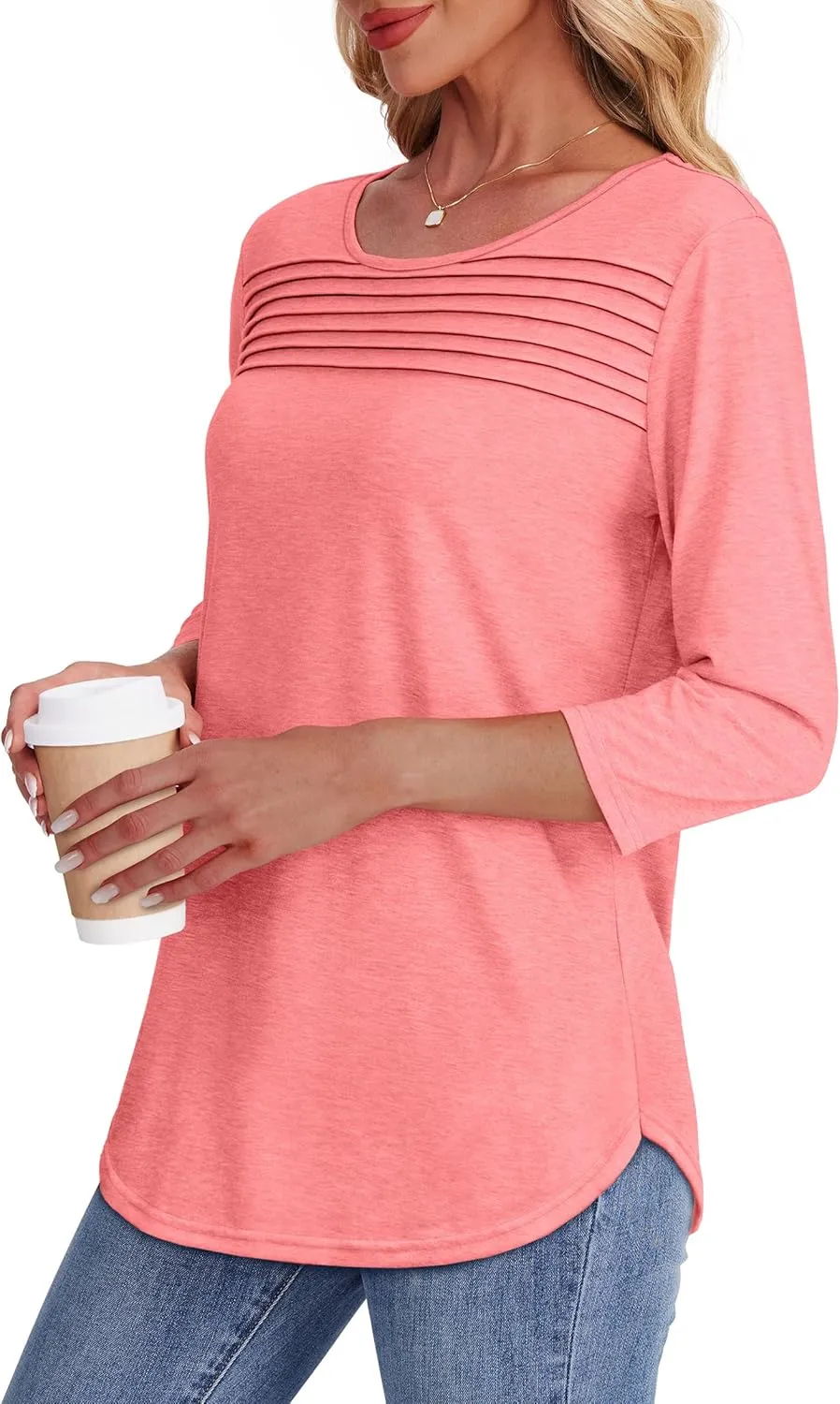OFEEFAN Womens Tops 3/4 Length Sleeve Blouses Dressy Casual Spring Summer Outfits Pleated Front T Shirts Curved Hem