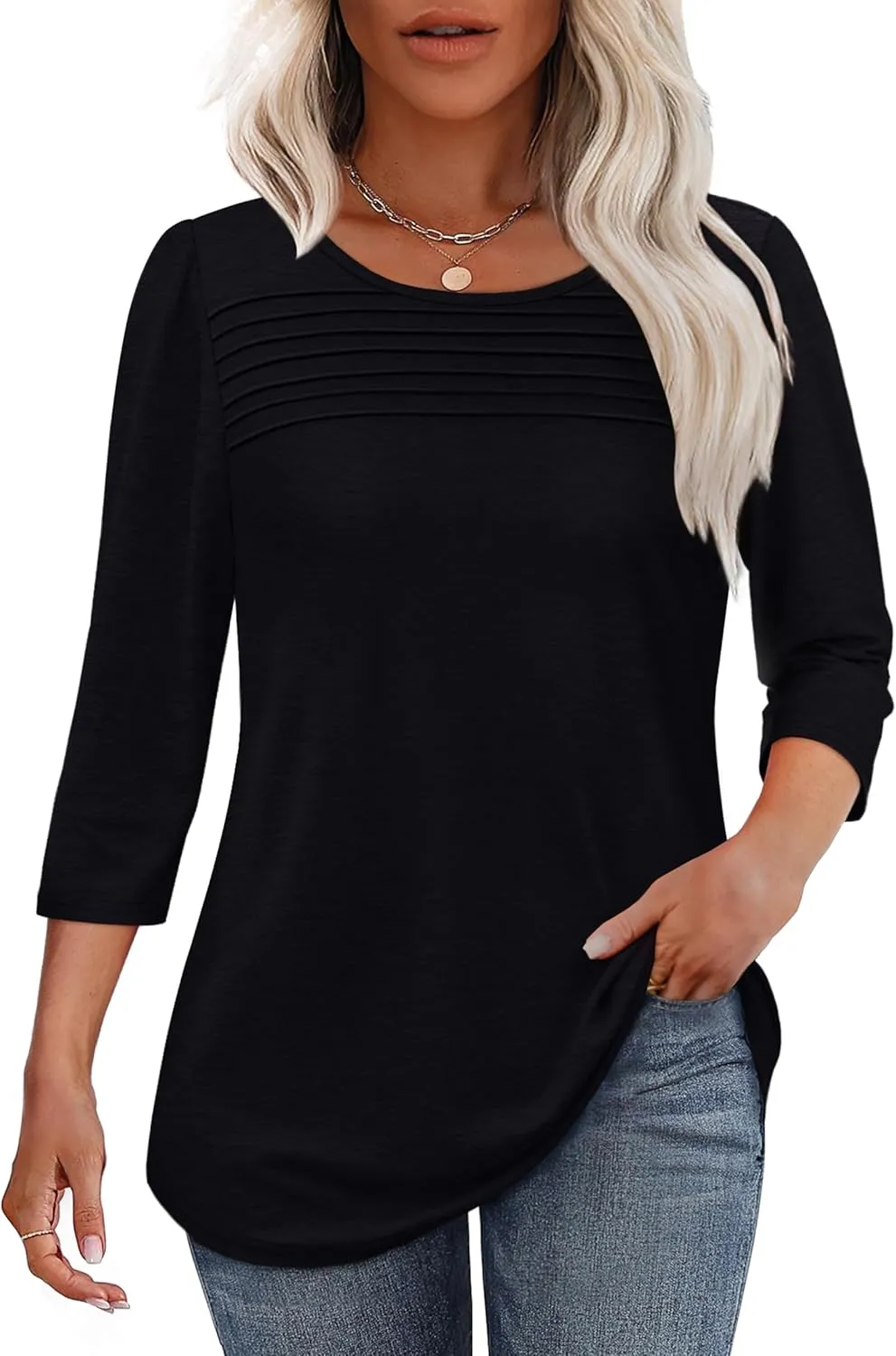 OFEEFAN Womens Tops 3/4 Length Sleeve Blouses Dressy Casual Spring Summer Outfits Pleated Front T Shirts Curved Hem