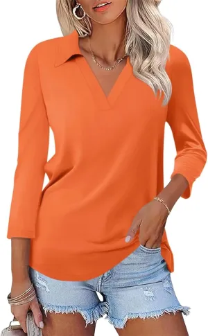 ORANDESIGNE Women's 3/4 Sleeves V Neck Polo Shirts Casual Summer Tops Basic Collar Cute Tees