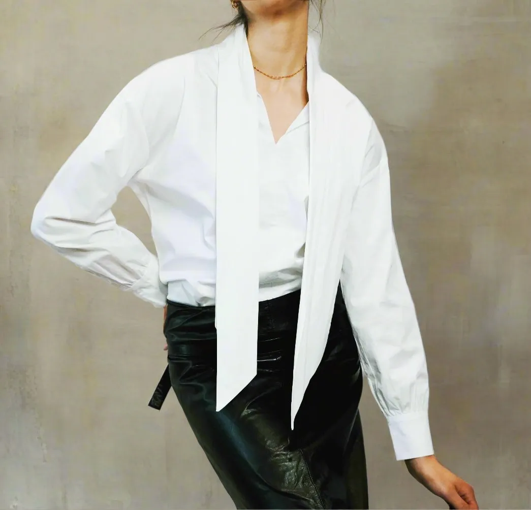 Organic Stretch Cotton White Shirt With Jabot Tie Neck - The Charlton