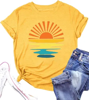 Outdoor Shirts for Women Retro Graphic Print Hiking Mountain T Shirts Summer Comfort Beach Hiking Workout Tee Tops