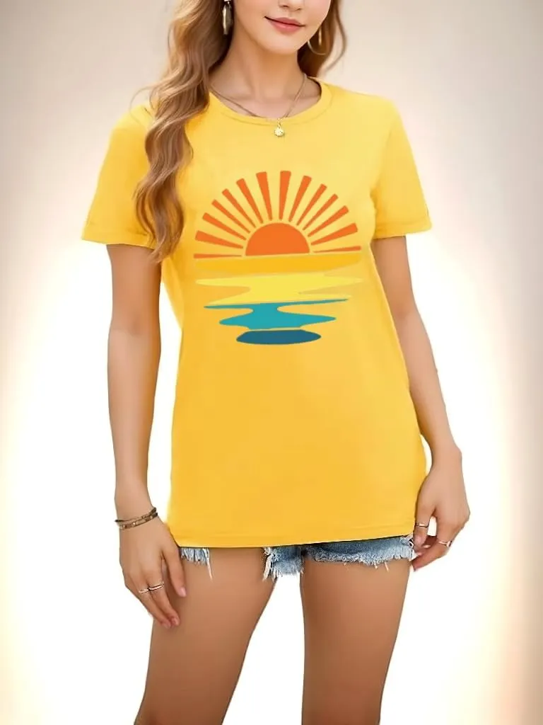 Outdoor Shirts for Women Retro Graphic Print Hiking Mountain T Shirts Summer Comfort Beach Hiking Workout Tee Tops