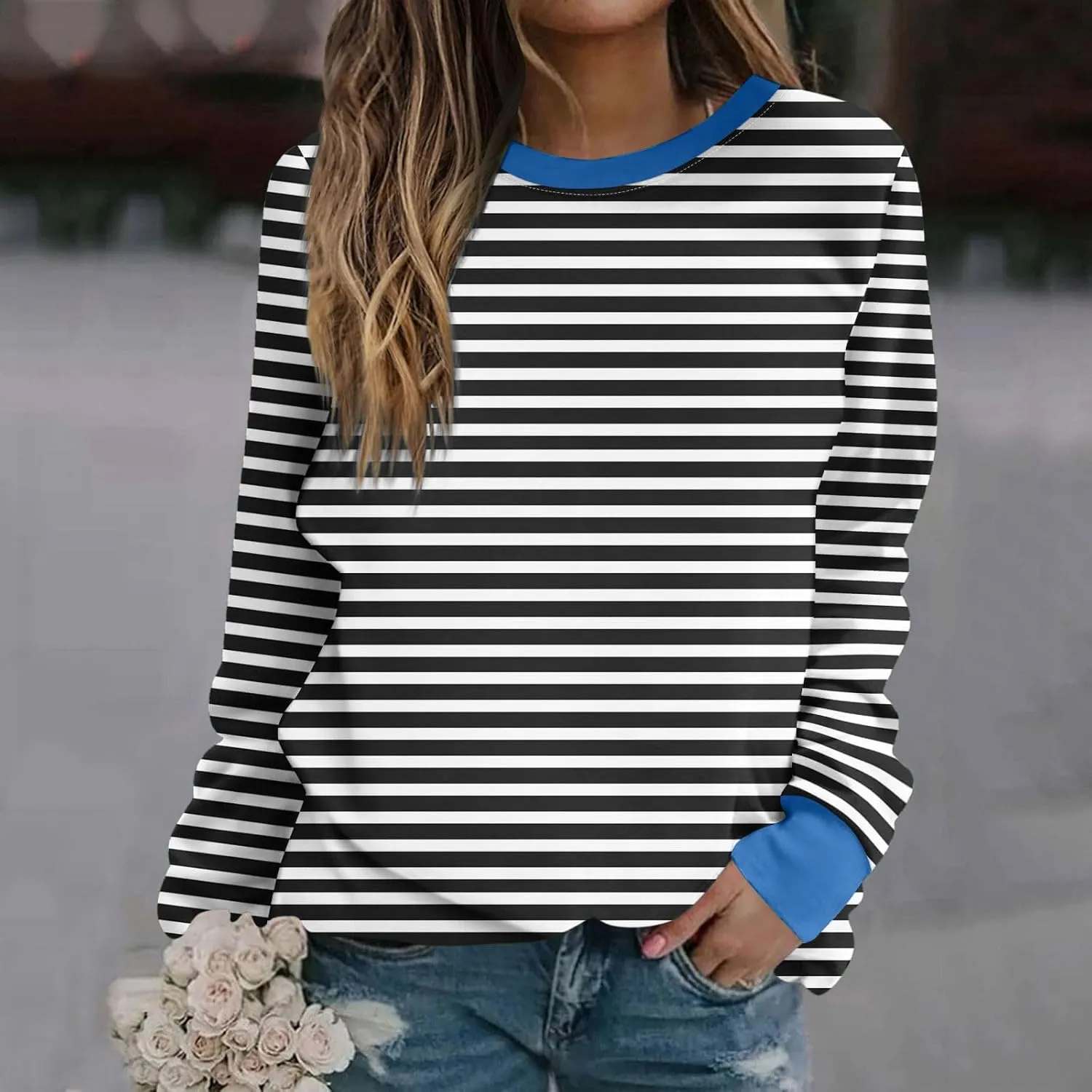 Oversized Sweatshirts for Women Loose Fit Long Sleeve Pullover Tops Striped No Hood Crewneck Casual Comfy Blouses