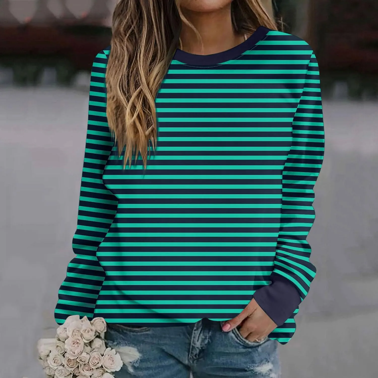 Oversized Sweatshirts for Women Loose Fit Long Sleeve Pullover Tops Striped No Hood Crewneck Casual Comfy Blouses