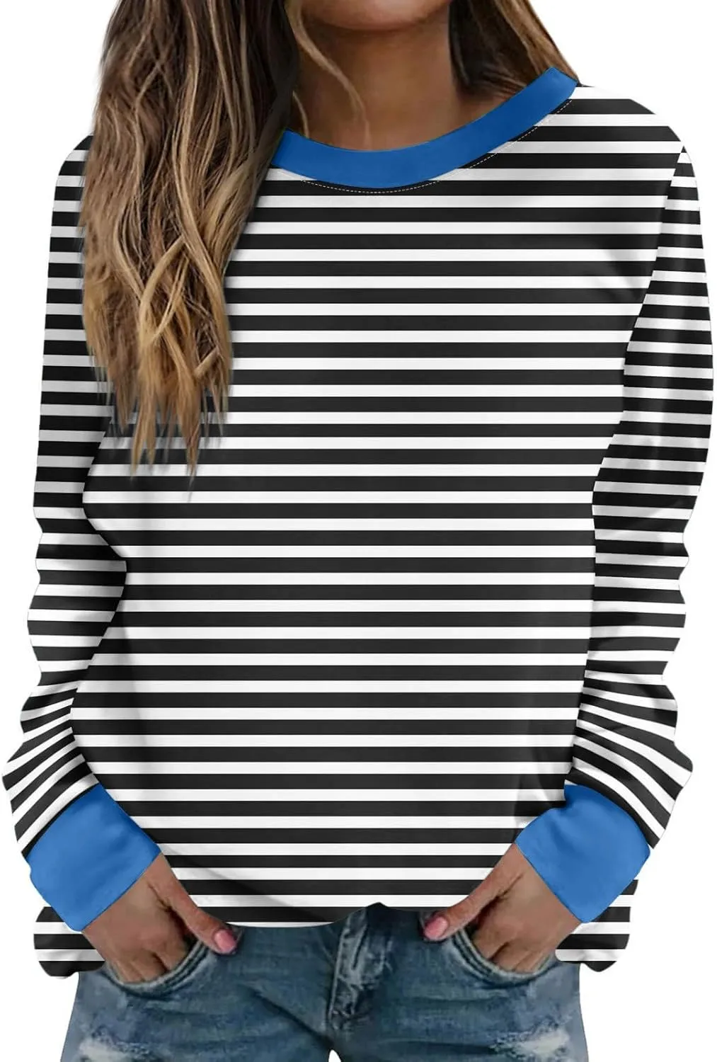 Oversized Sweatshirts for Women Loose Fit Long Sleeve Pullover Tops Striped No Hood Crewneck Casual Comfy Blouses