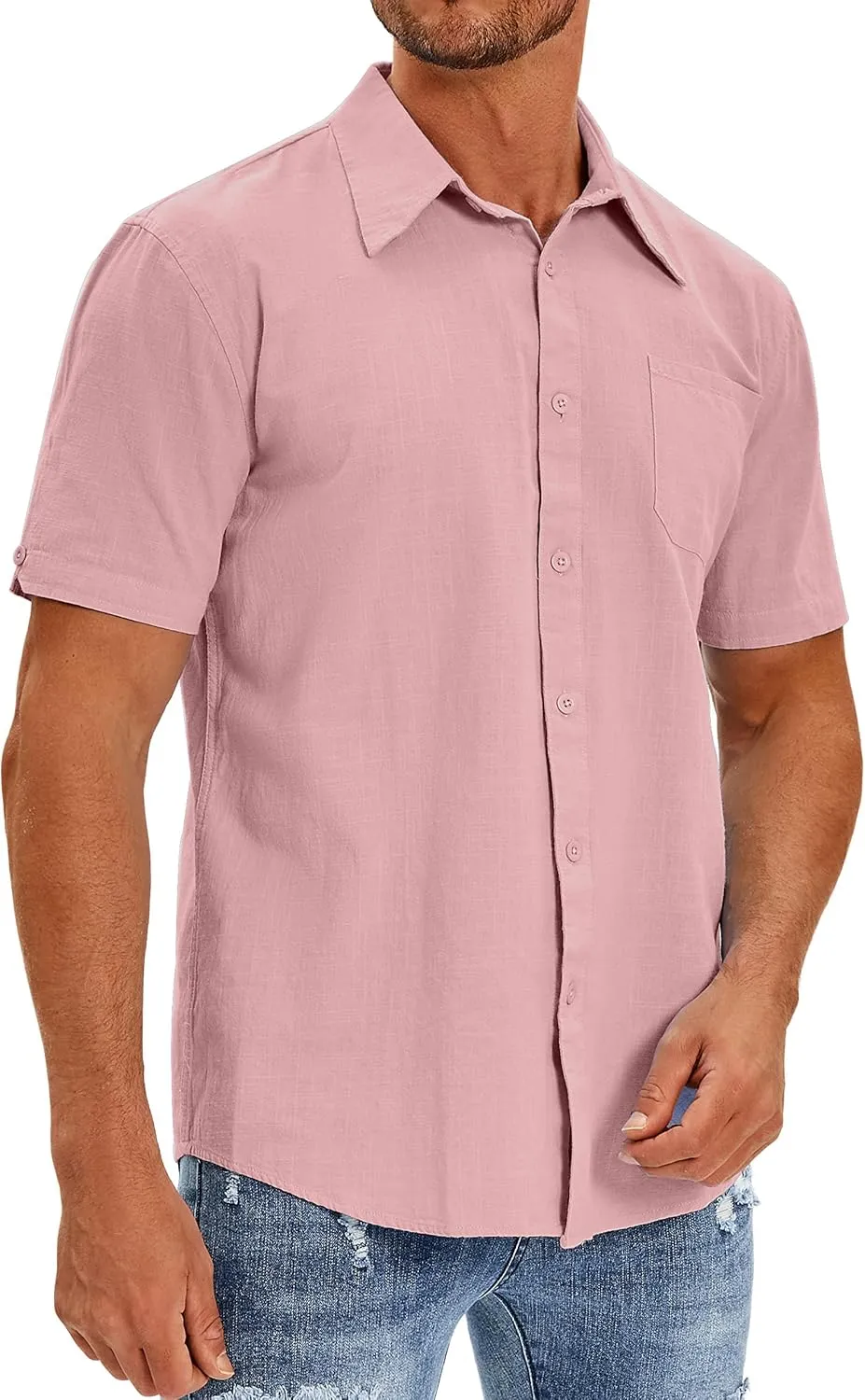 Oyamiki Mens Short Sleeve Regular-Fit Shirt Fishing Tees Linen Casual Button-Down Shirts